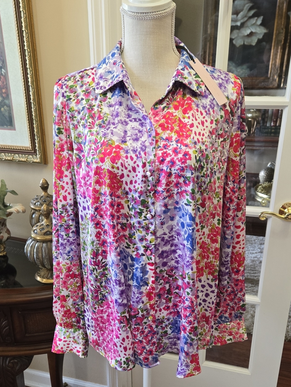 Tamara H. Floral Long-Sleeve Blouse Covered Buttons Pink Purple Lime Large NEW